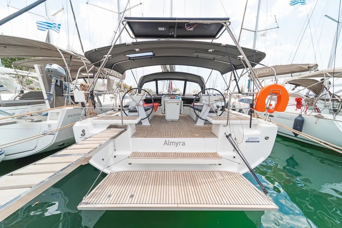 Cockpit of Almyra, a Beneteau Oceanis 46.1 sailboat at Athens, Greece