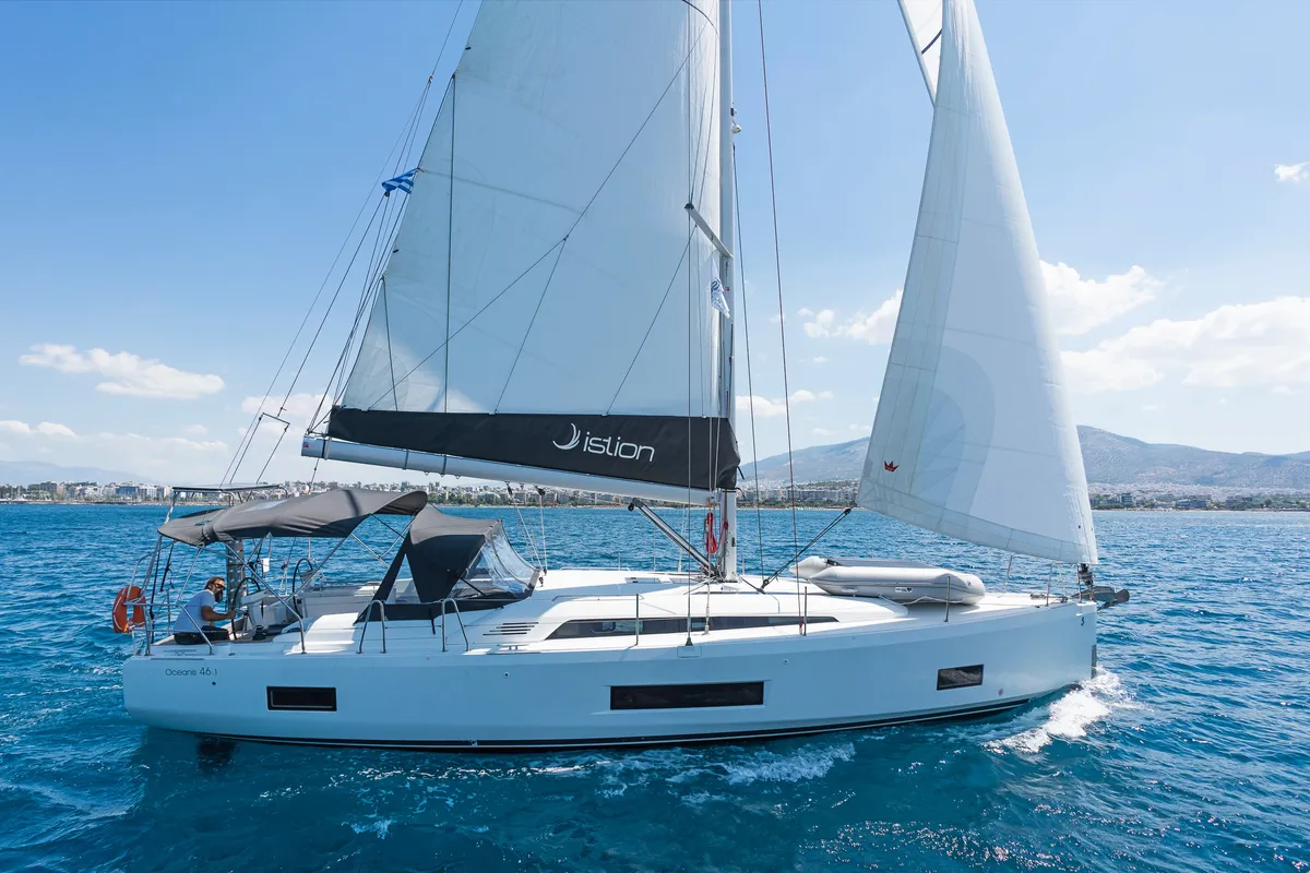 Exterior view of Almyra, a Beneteau Oceanis 46.1 sailboat at Athens, Greece