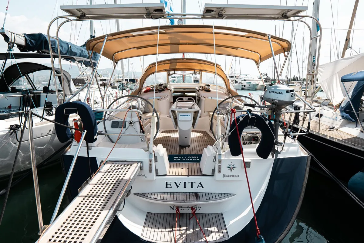 Exterior view of Evita, a Jeanneau Sun Odyssey 49 DS sailboat at Municipal Unit of Lefkada, Greece
