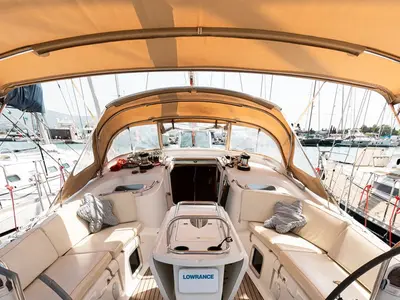 Cockpit of Evita, a Jeanneau Sun Odyssey 49 DS sailboat at Municipal Unit of Lefkada, Greece