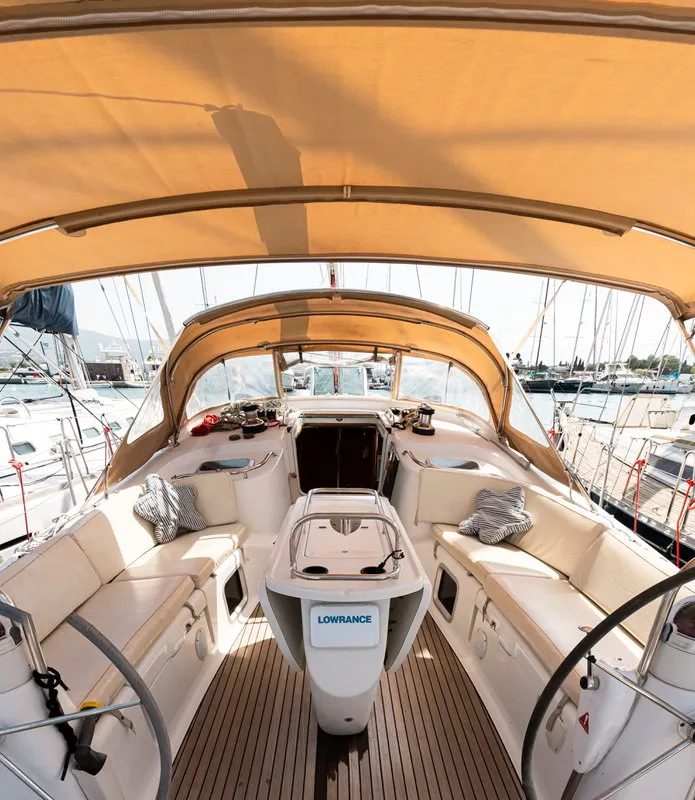 Cockpit of Evita, a Jeanneau Sun Odyssey 49 DS sailboat at Municipal Unit of Lefkada, Greece