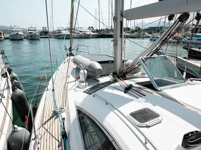 Deck of Evita, a Jeanneau Sun Odyssey 49 DS sailboat at Municipal Unit of Lefkada, Greece
