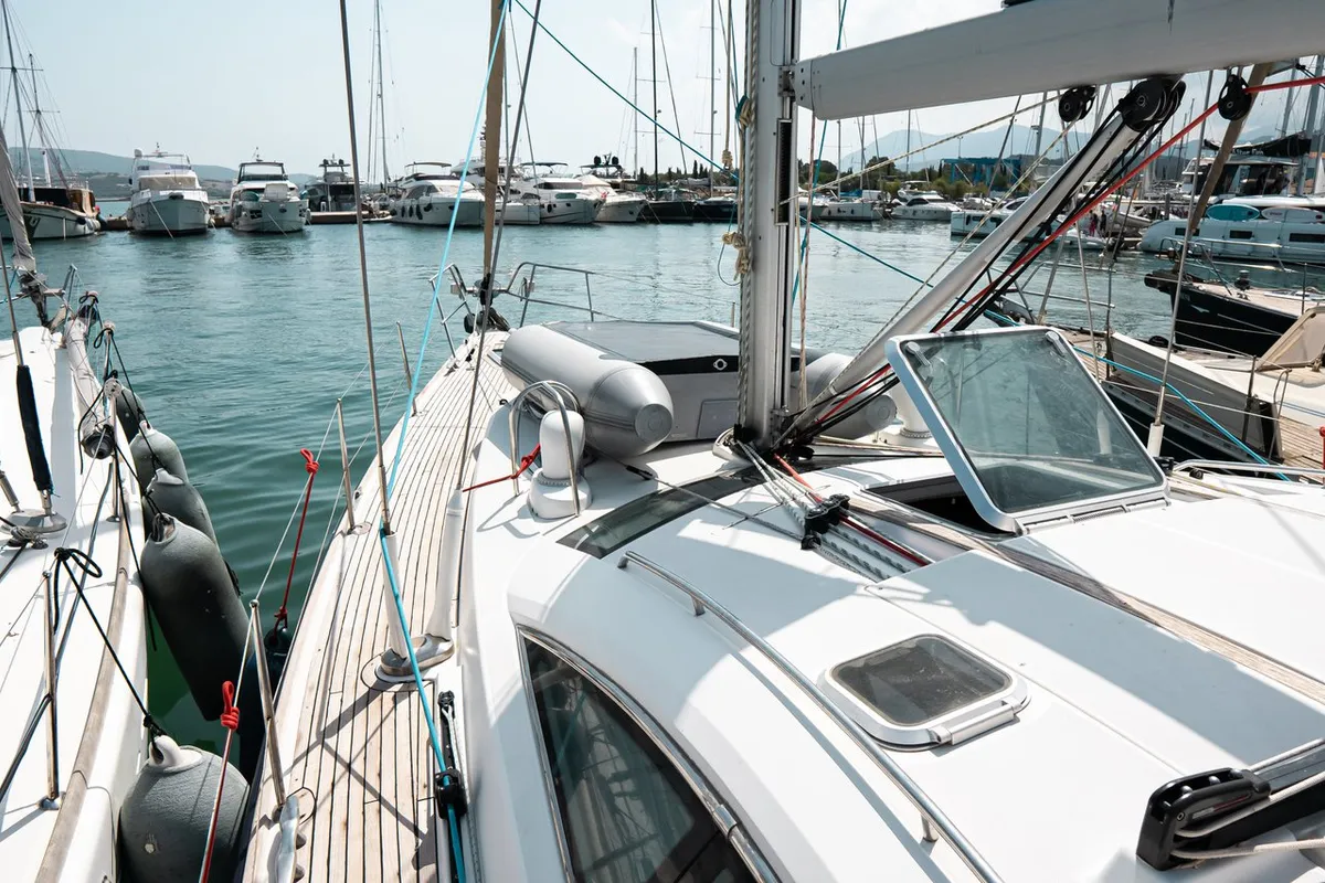 Deck of Evita, a Jeanneau Sun Odyssey 49 DS sailboat at Municipal Unit of Lefkada, Greece