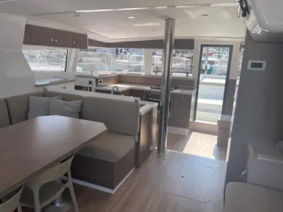 Salon of Idra, a Bali 4.2 catamaran at Capo d'Orlando, Italy