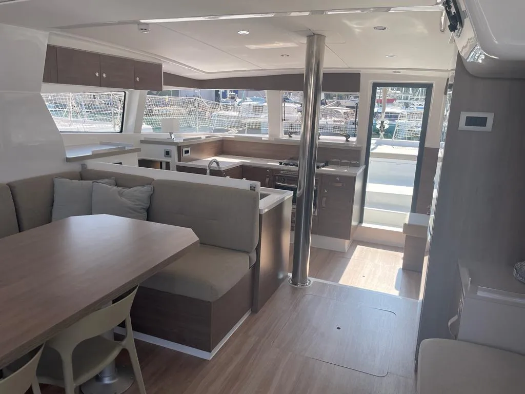Salon of Idra, a Bali 4.2 catamaran at Capo d'Orlando, Italy