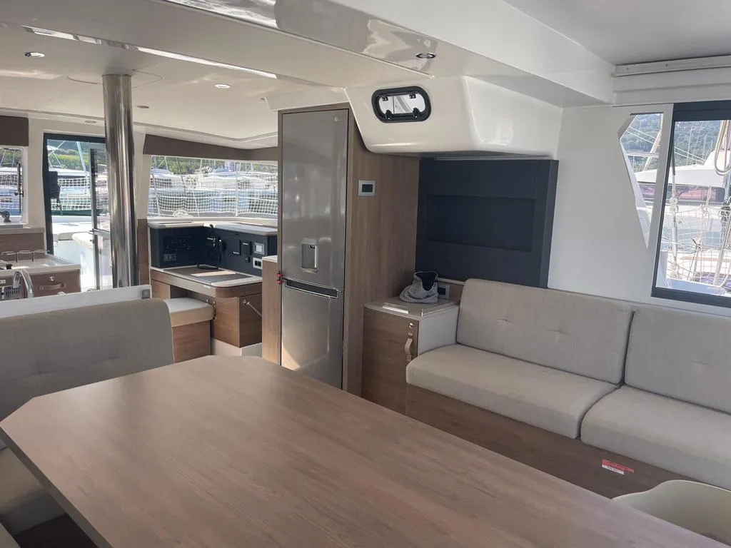 Salon of Idra, a Bali 4.2 catamaran at Capo d'Orlando, Italy