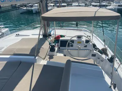 Cockpit of Idra, a Bali 4.2 catamaran at Capo d'Orlando, Italy