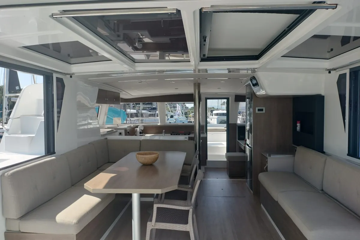 Salon of Idra, a Bali 4.2 catamaran at Capo d'Orlando, Italy