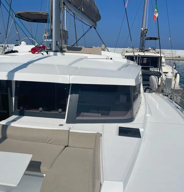 Deck of Idra, a Bali 4.2 catamaran at Capo d'Orlando, Italy