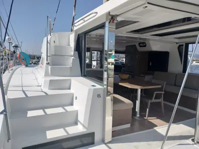 Deck of Idra, a Bali 4.2 catamaran at Capo d'Orlando, Italy