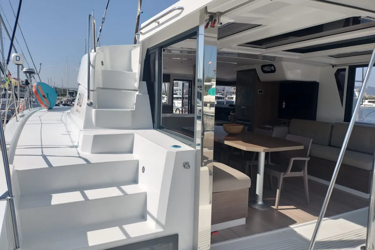 Deck of Idra, a Bali 4.2 catamaran at Capo d'Orlando, Italy