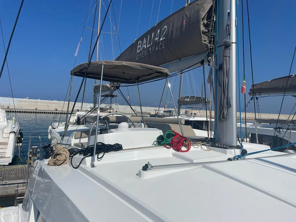 Deck of Idra, a Bali 4.2 catamaran at Capo d'Orlando, Italy