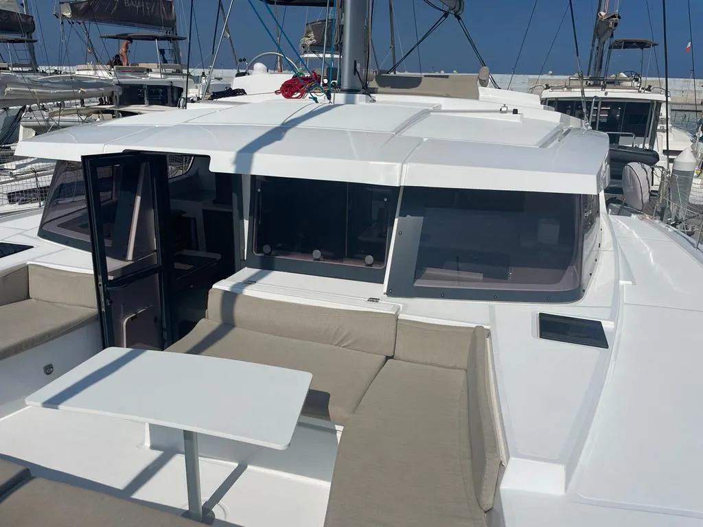 Deck of Idra, a Bali 4.2 catamaran at Capo d'Orlando, Italy