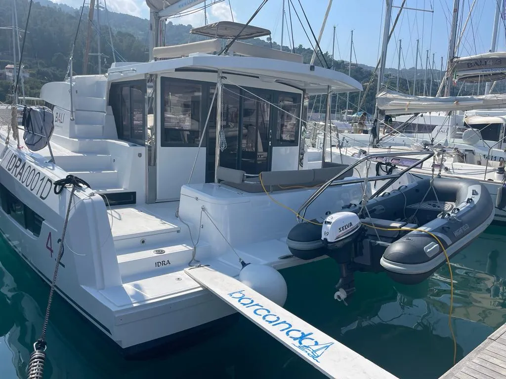 Exterior view of Idra, a Bali 4.2 catamaran at Capo d'Orlando, Italy