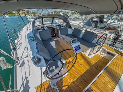 Cockpit of Bravura, a Bavaria Voyager 45 sailboat at Grad Pula, Croatia