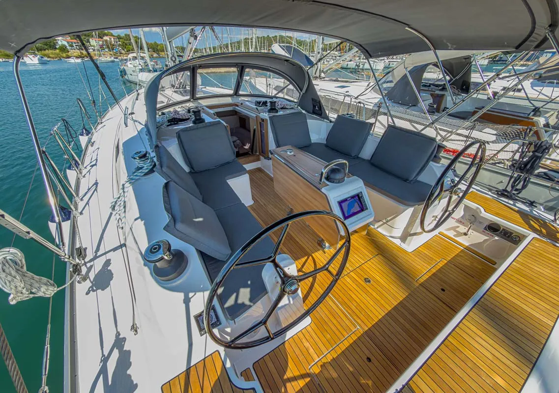 Cockpit of Bravura, a Bavaria Voyager 45 sailboat at Grad Pula, Croatia