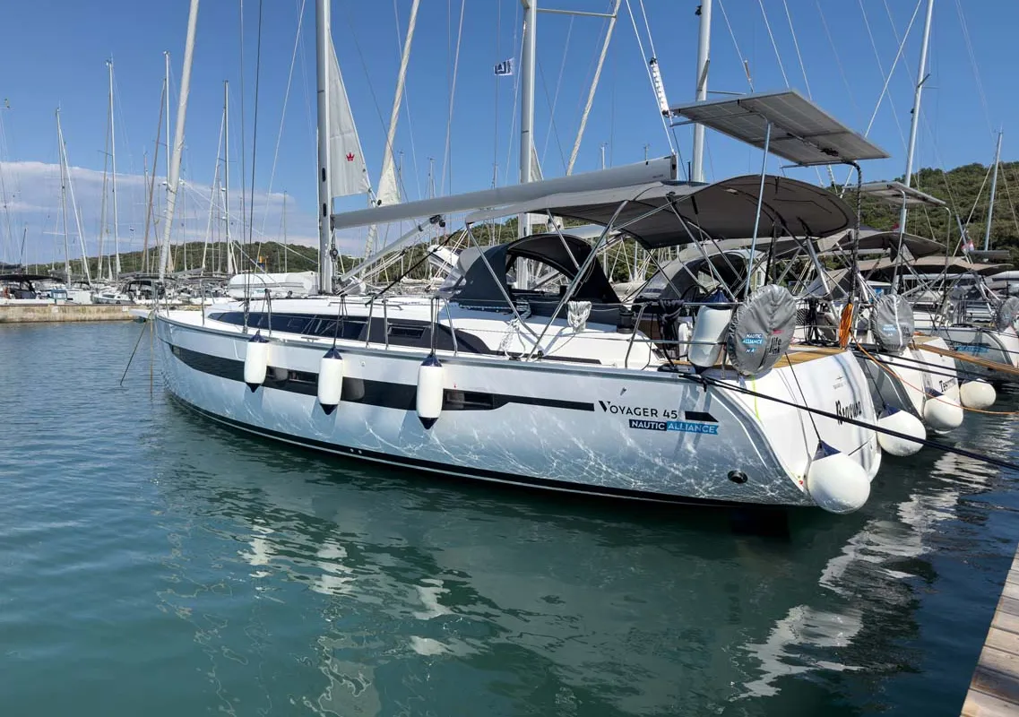 Exterior view of Bravura, a Bavaria Voyager 45 sailboat at Grad Pula, Croatia