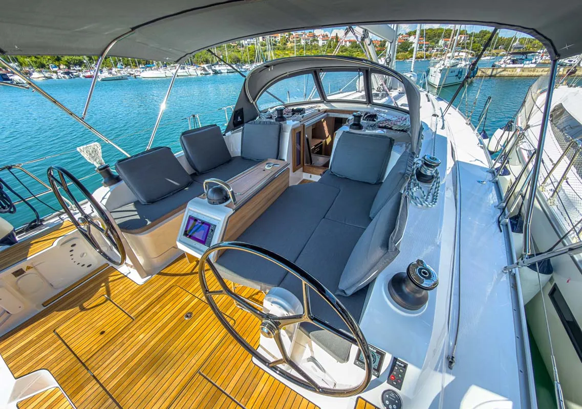 Cockpit of Bravura, a Bavaria Voyager 45 sailboat at Grad Pula, Croatia