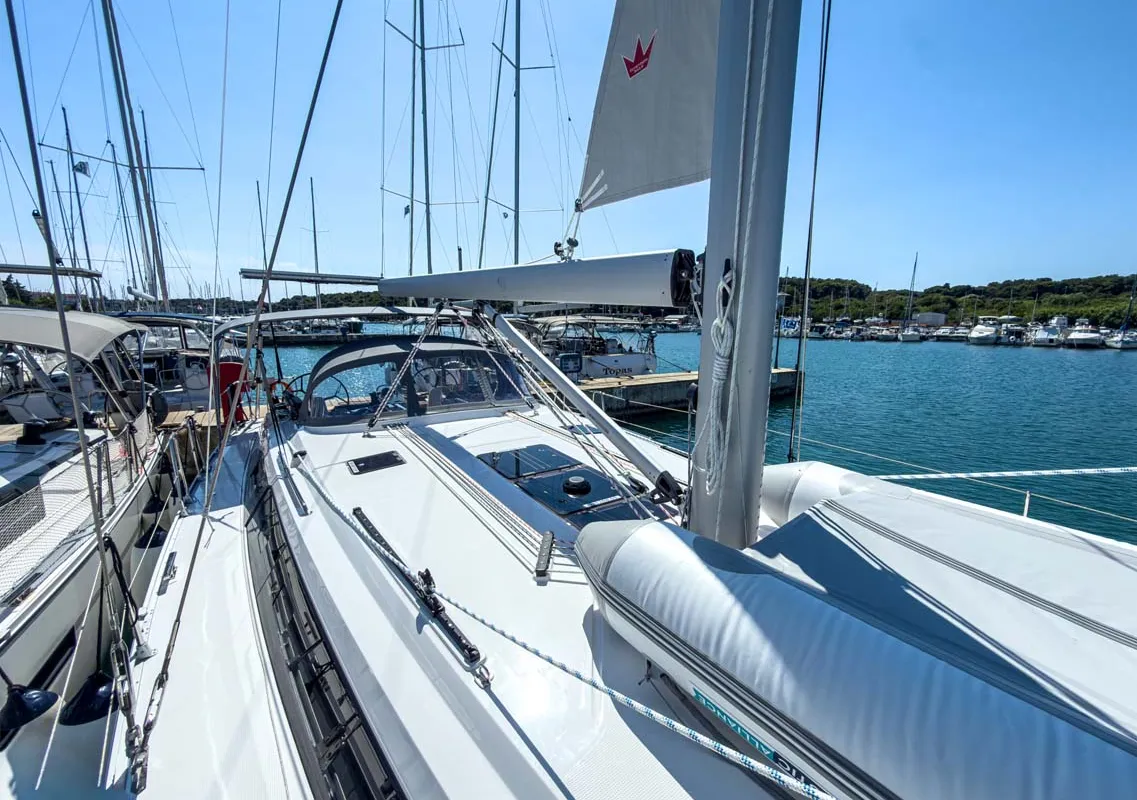 Deck of Bravura, a Bavaria Voyager 45 sailboat at Grad Pula, Croatia