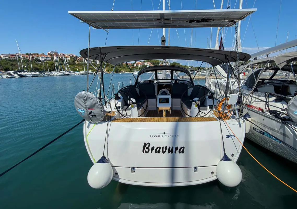 Exterior view of Bravura, a Bavaria Voyager 45 sailboat at Grad Pula, Croatia