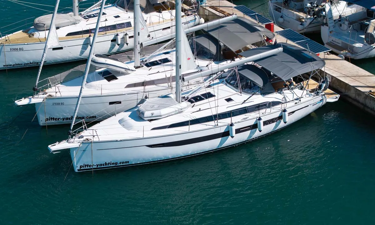 Exterior view of Bravura, a Bavaria Voyager 45 sailboat at Grad Pula, Croatia