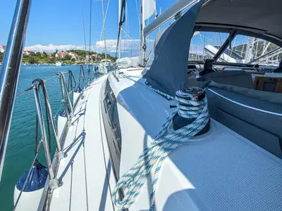 Deck of Bravura, a Bavaria Voyager 45 sailboat at Grad Pula, Croatia
