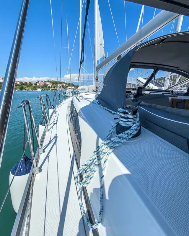 Deck of Bravura, a Bavaria Voyager 45 sailboat at Grad Pula, Croatia