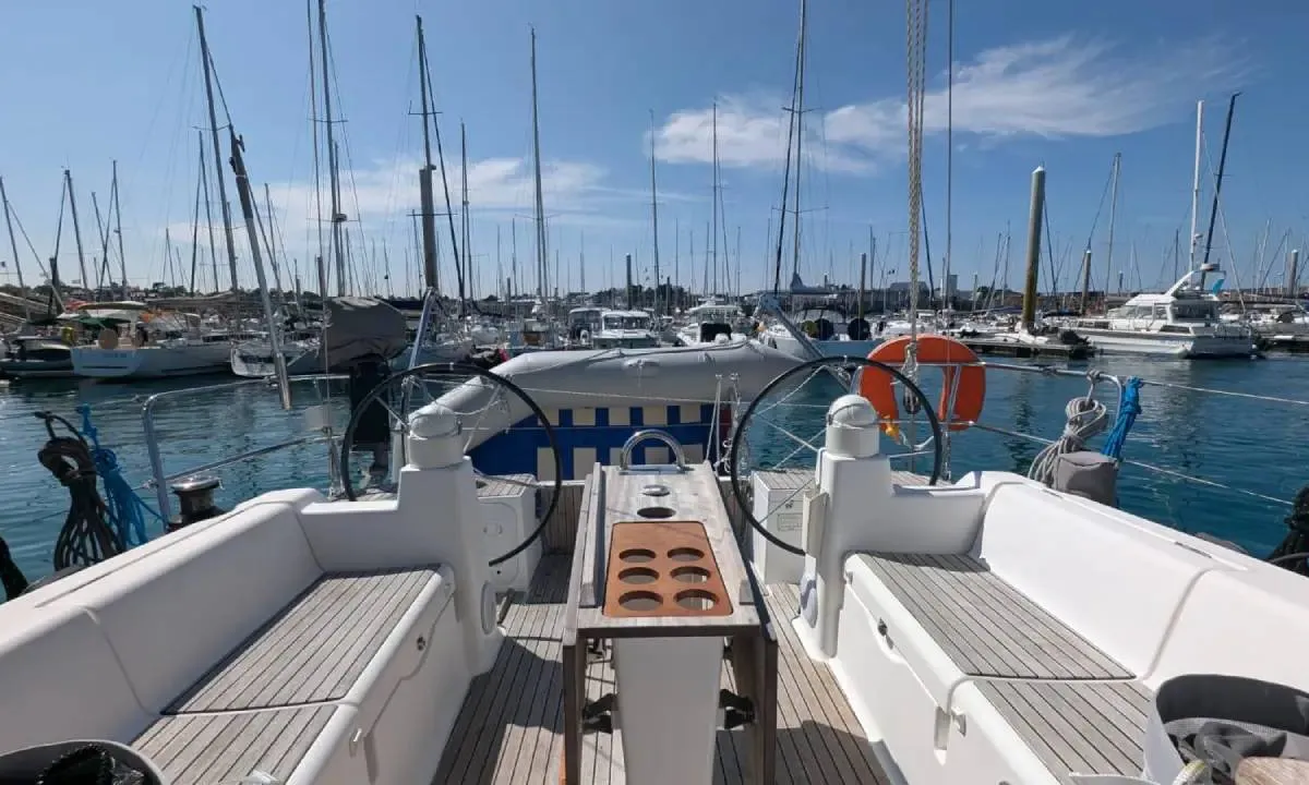 Cockpit of Tarann, a Dufour 375 Grand Large sailboat at Saint-Cast-le-Guildo, France