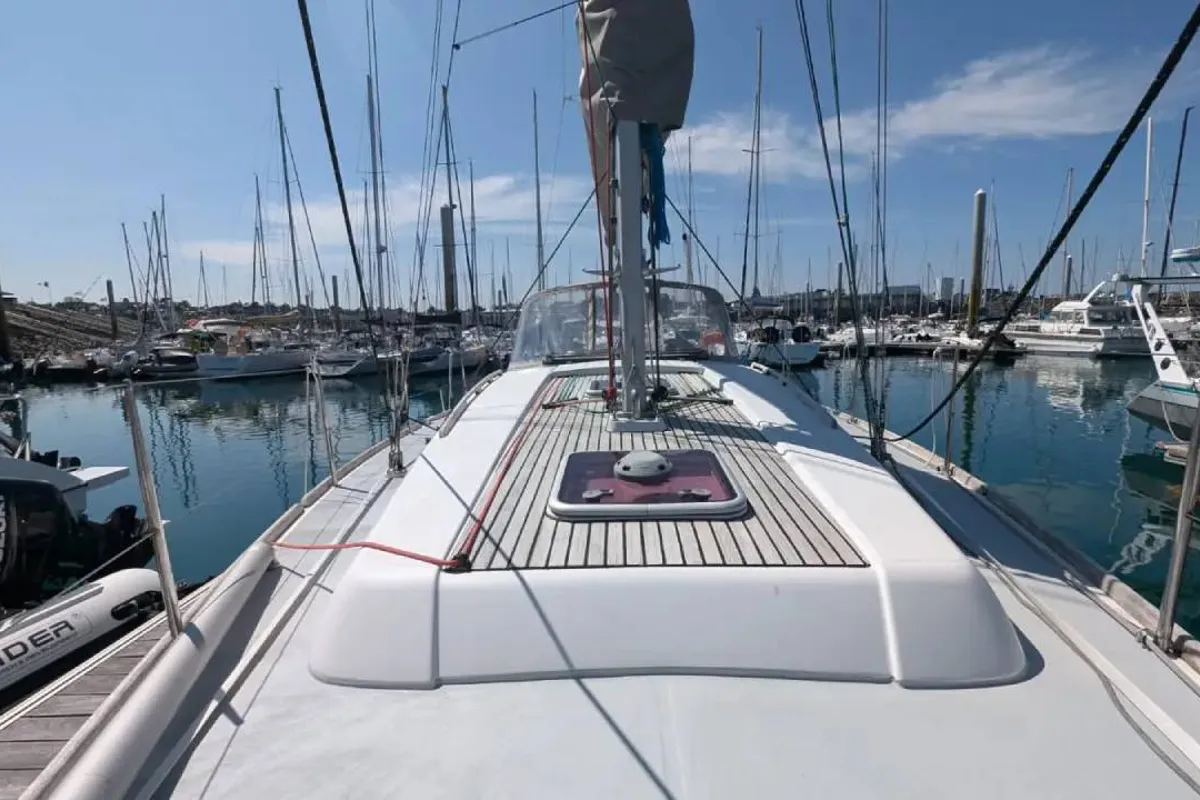 Deck of Tarann, a Dufour 375 Grand Large sailboat at Saint-Cast-le-Guildo, France