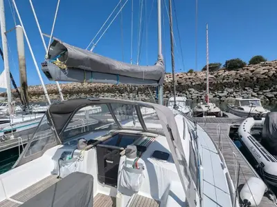 Deck of Tarann, a Dufour 375 Grand Large sailboat at Saint-Cast-le-Guildo, France