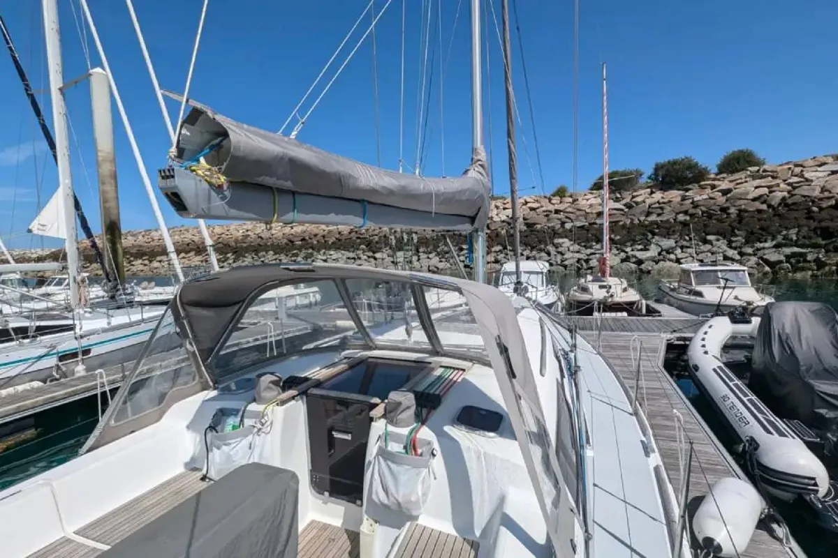 Deck of Tarann, a Dufour 375 Grand Large sailboat at Saint-Cast-le-Guildo, France