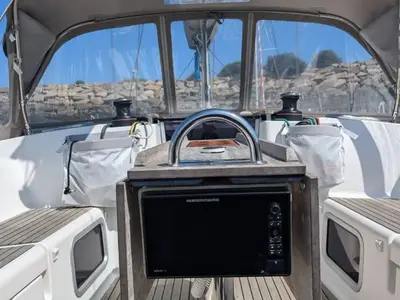 Cockpit of Tarann, a Dufour 375 Grand Large sailboat at Saint-Cast-le-Guildo, France