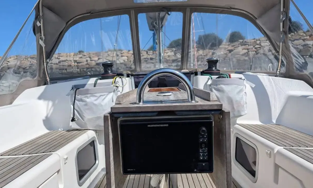 Cockpit of Tarann, a Dufour 375 Grand Large sailboat at Saint-Cast-le-Guildo, France