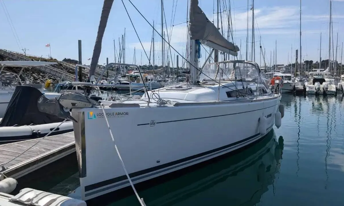 Exterior view of Tarann, a Dufour 375 Grand Large sailboat at Saint-Cast-le-Guildo, France