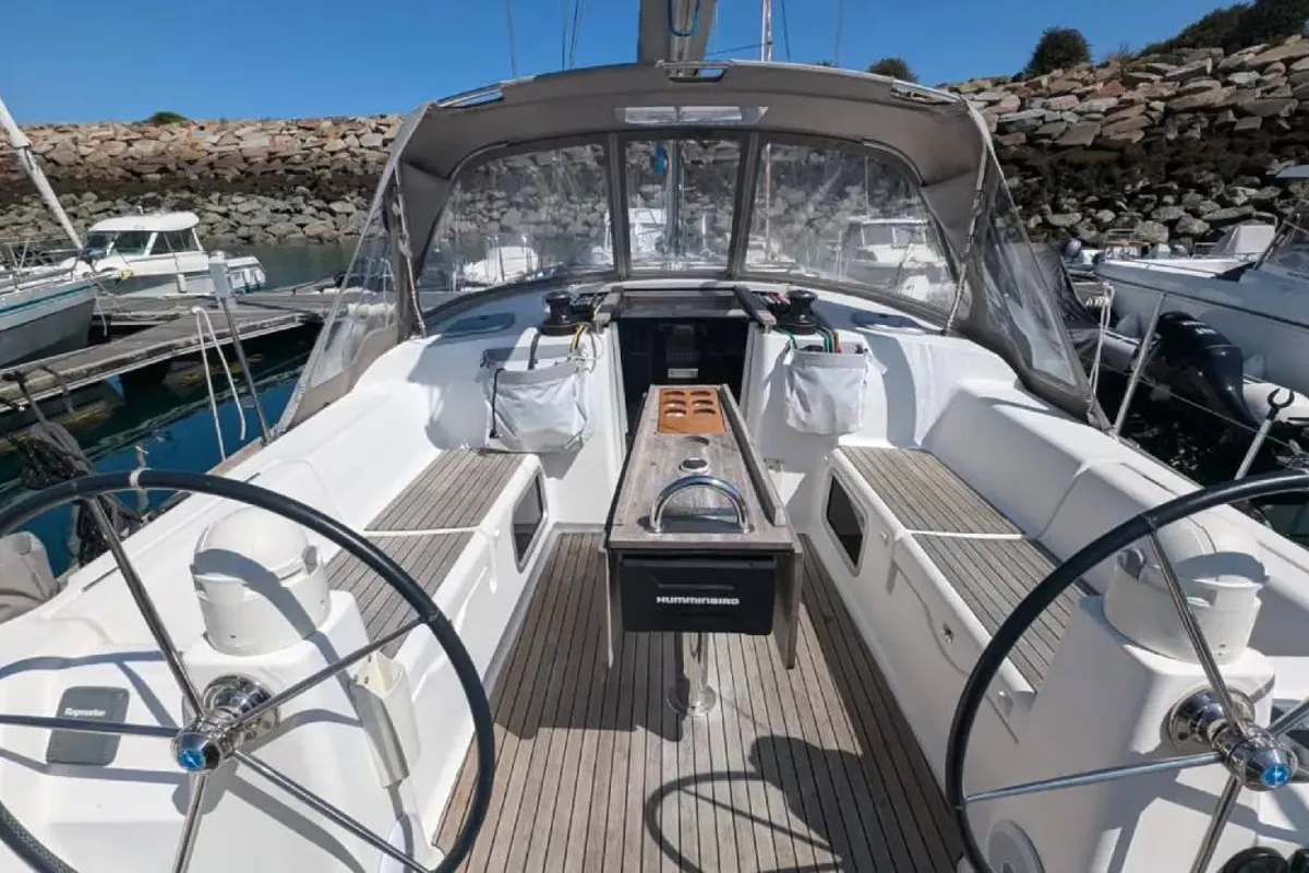 Cockpit of Tarann, a Dufour 375 Grand Large sailboat at Saint-Cast-le-Guildo, France