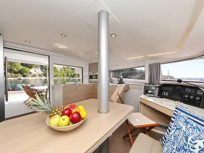 Salon of Chimaera, a Bali 4.5 catamaran at Seget Donji, Croatia
