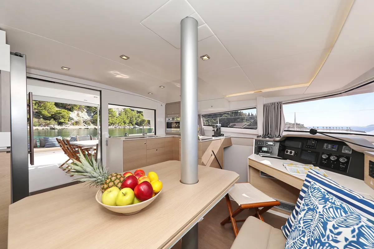 Salon of Chimaera, a Bali 4.5 catamaran at Seget Donji, Croatia