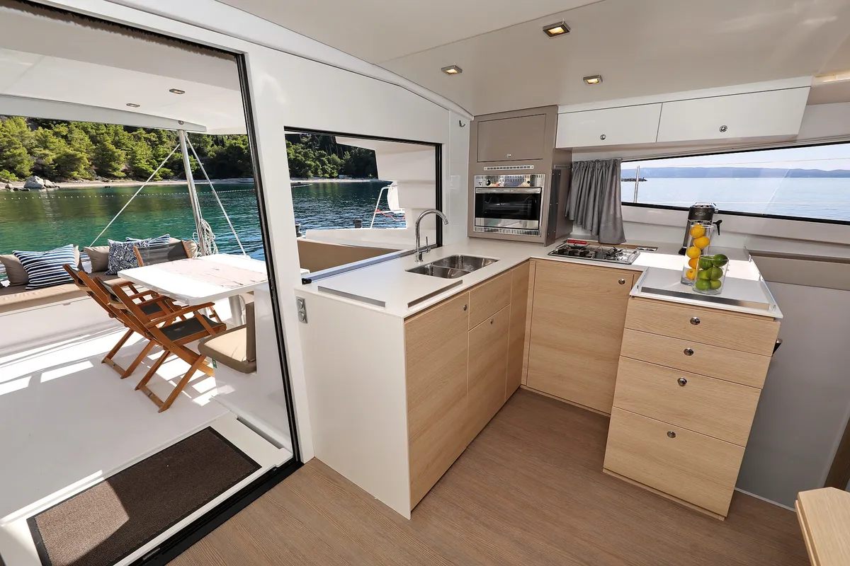 Galley of Chimaera, a Bali 4.5 catamaran at Seget Donji, Croatia
