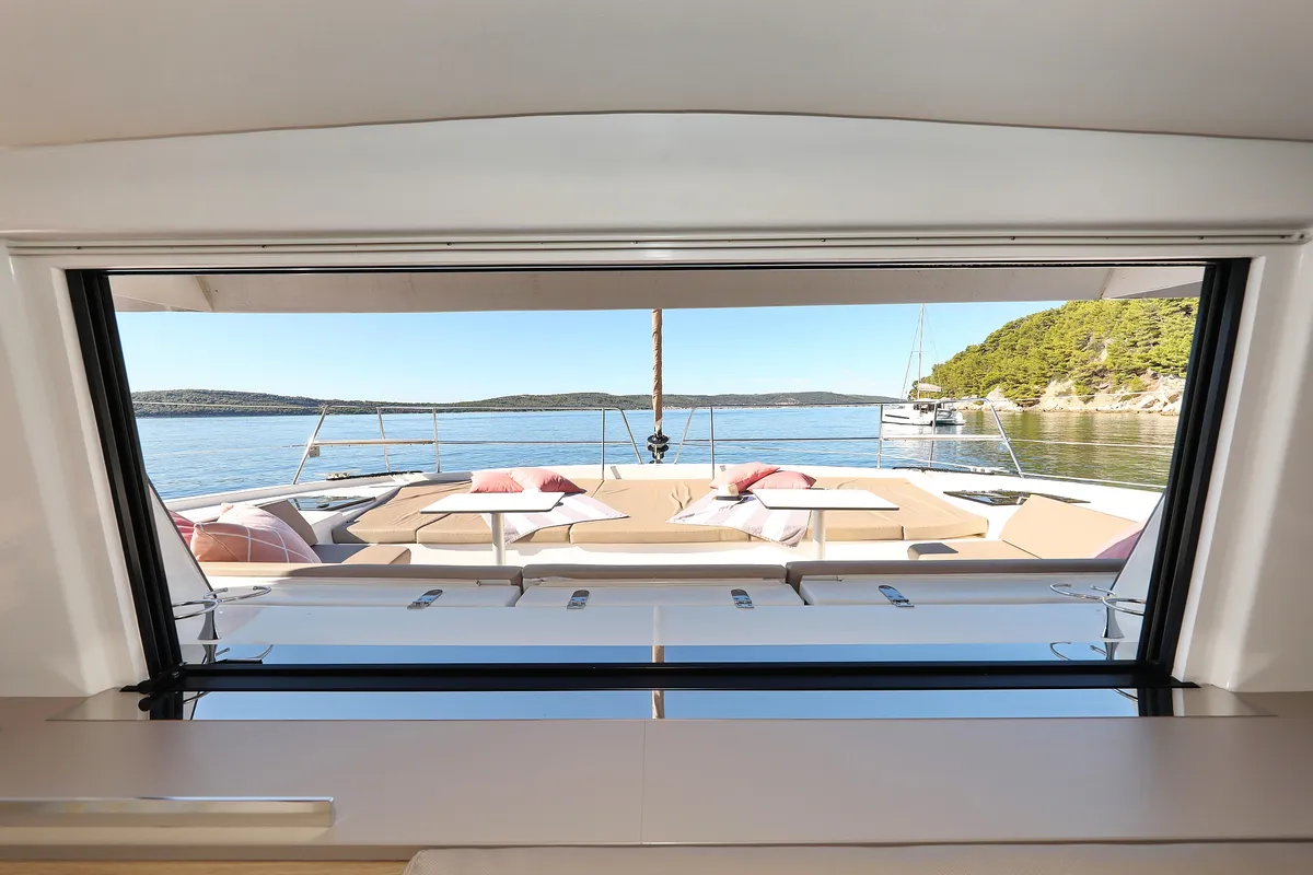 Salon of Chimaera, a Bali 4.5 catamaran at Seget Donji, Croatia
