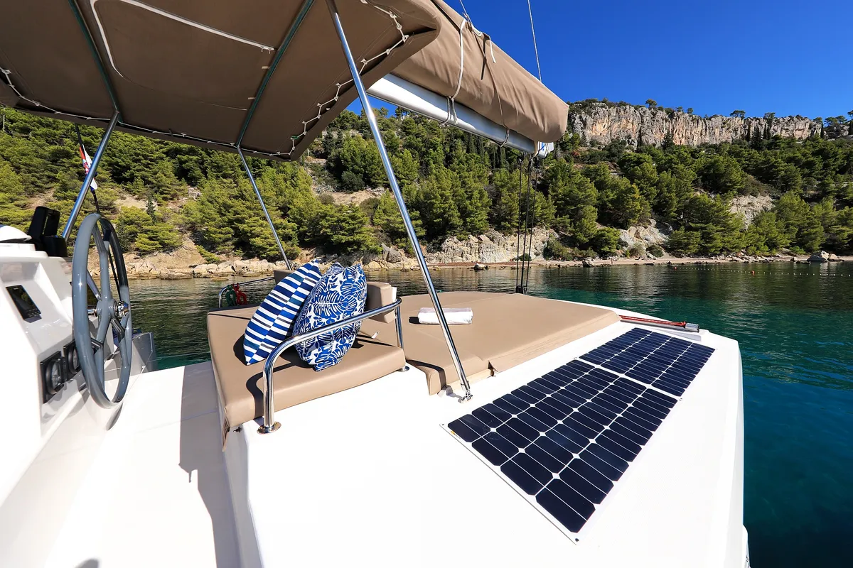 Deck of Chimaera, a Bali 4.5 catamaran at Seget Donji, Croatia