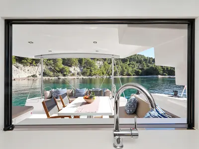 Galley of Chimaera, a Bali 4.5 catamaran at Seget Donji, Croatia