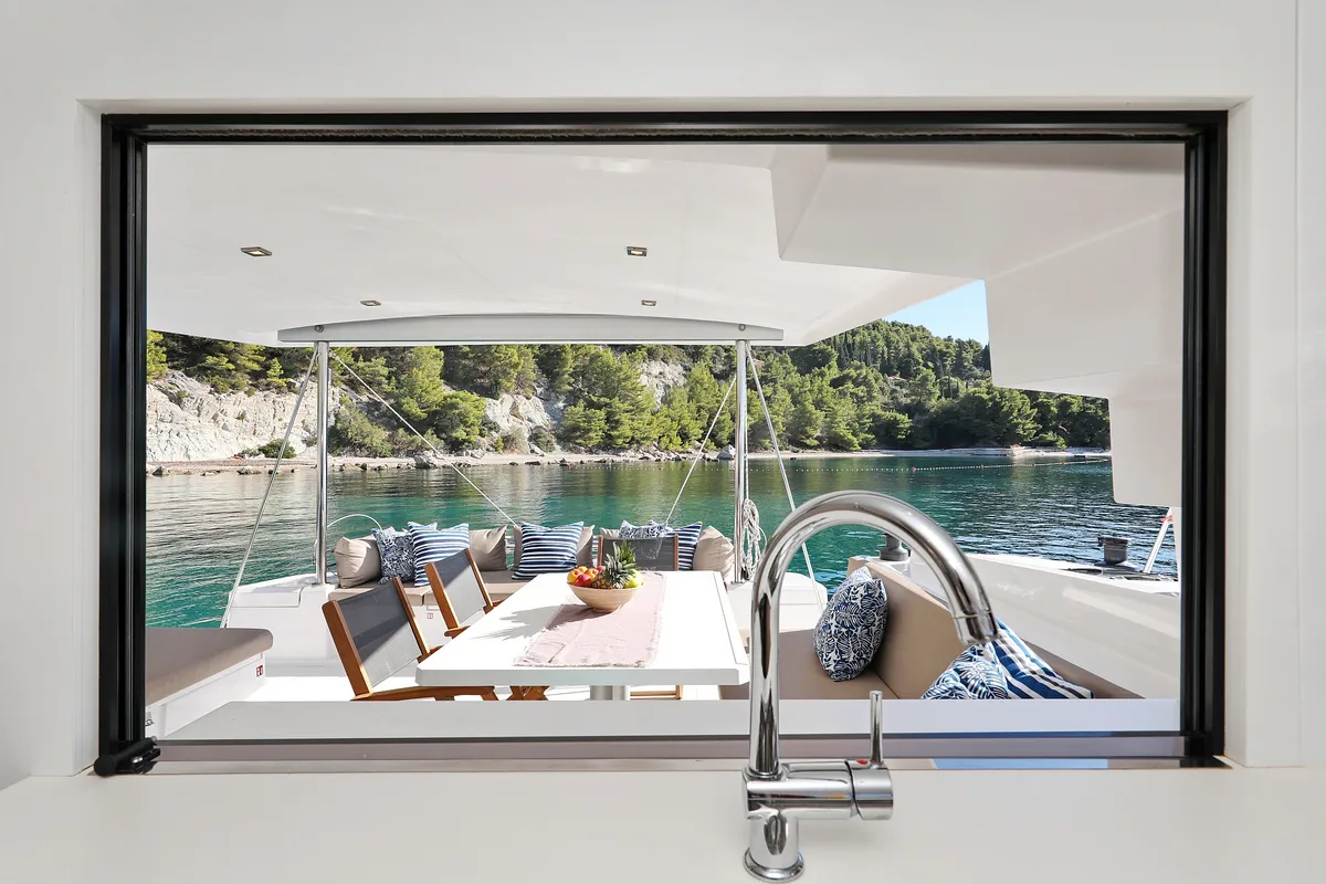 Galley of Chimaera, a Bali 4.5 catamaran at Seget Donji, Croatia