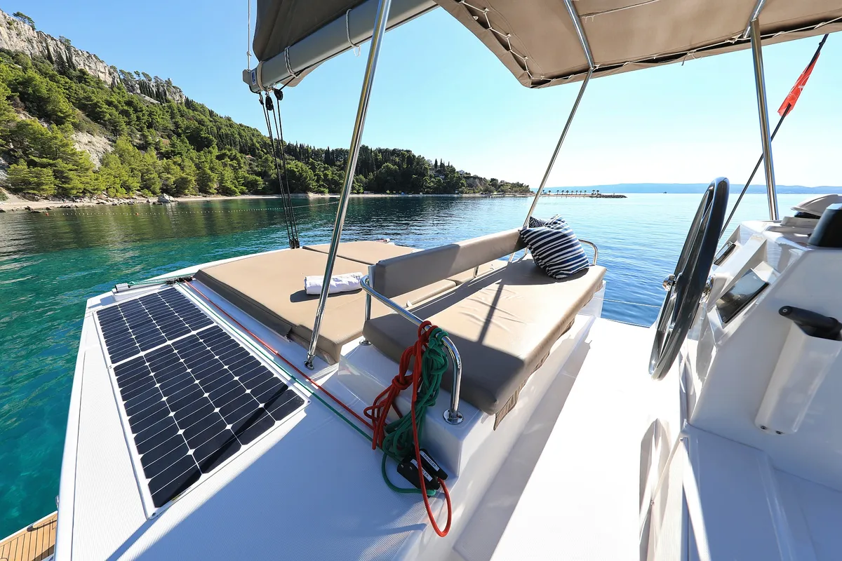 Deck of Chimaera, a Bali 4.5 catamaran at Seget Donji, Croatia