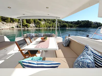 Deck of Chimaera, a Bali 4.5 catamaran at Seget Donji, Croatia