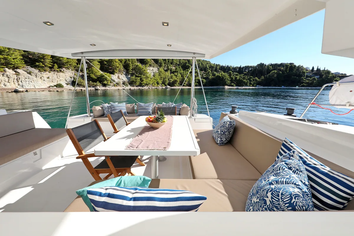 Deck of Chimaera, a Bali 4.5 catamaran at Seget Donji, Croatia