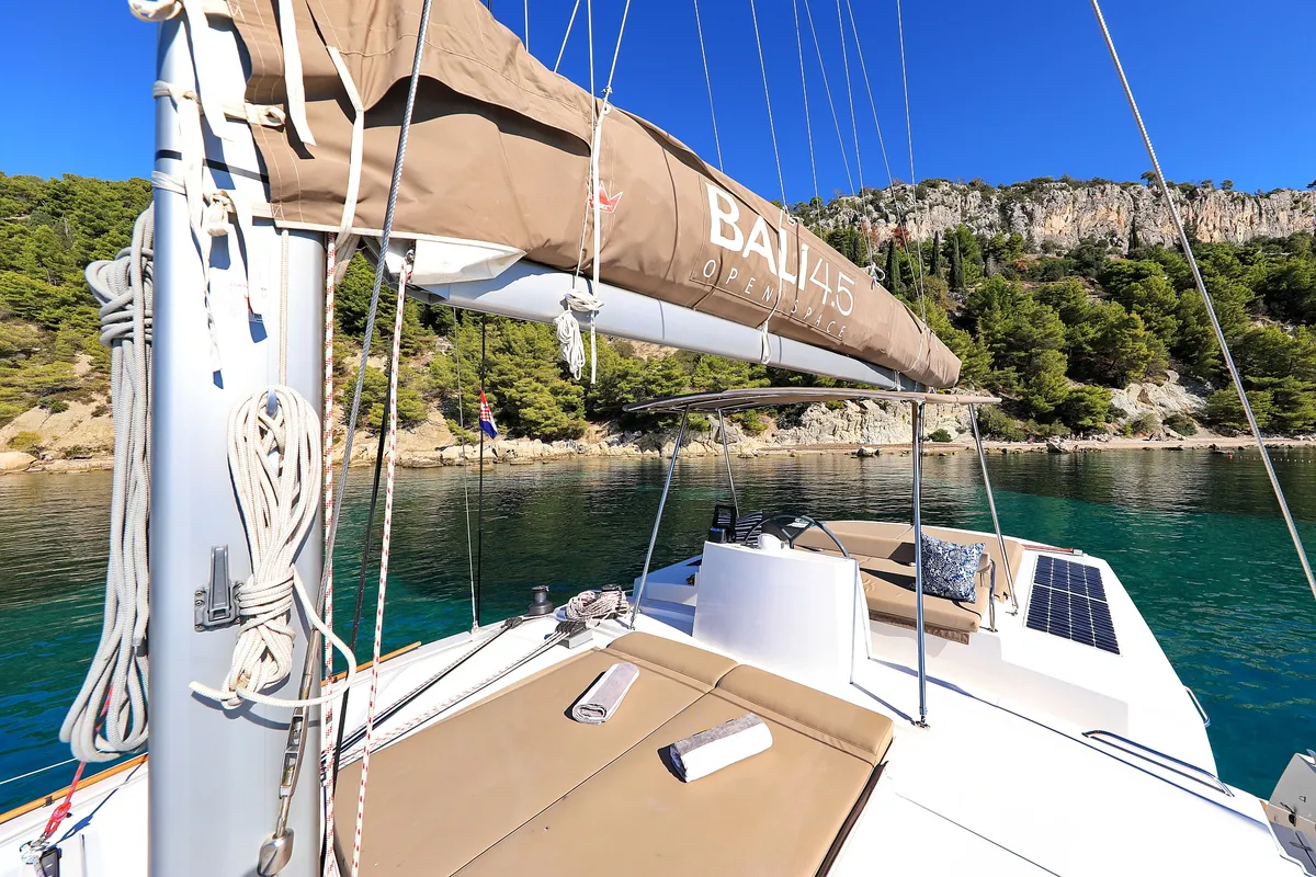 Deck of Chimaera, a Bali 4.5 catamaran at Seget Donji, Croatia