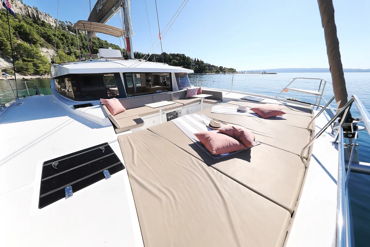 Deck of Chimaera, a Bali 4.5 catamaran at Seget Donji, Croatia