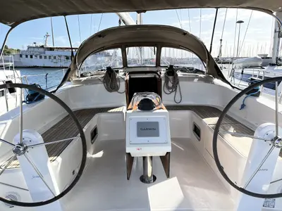 Cockpit of Morillon, a Bavaria Cruiser 51 sailboat at Seget Donji, Croatia