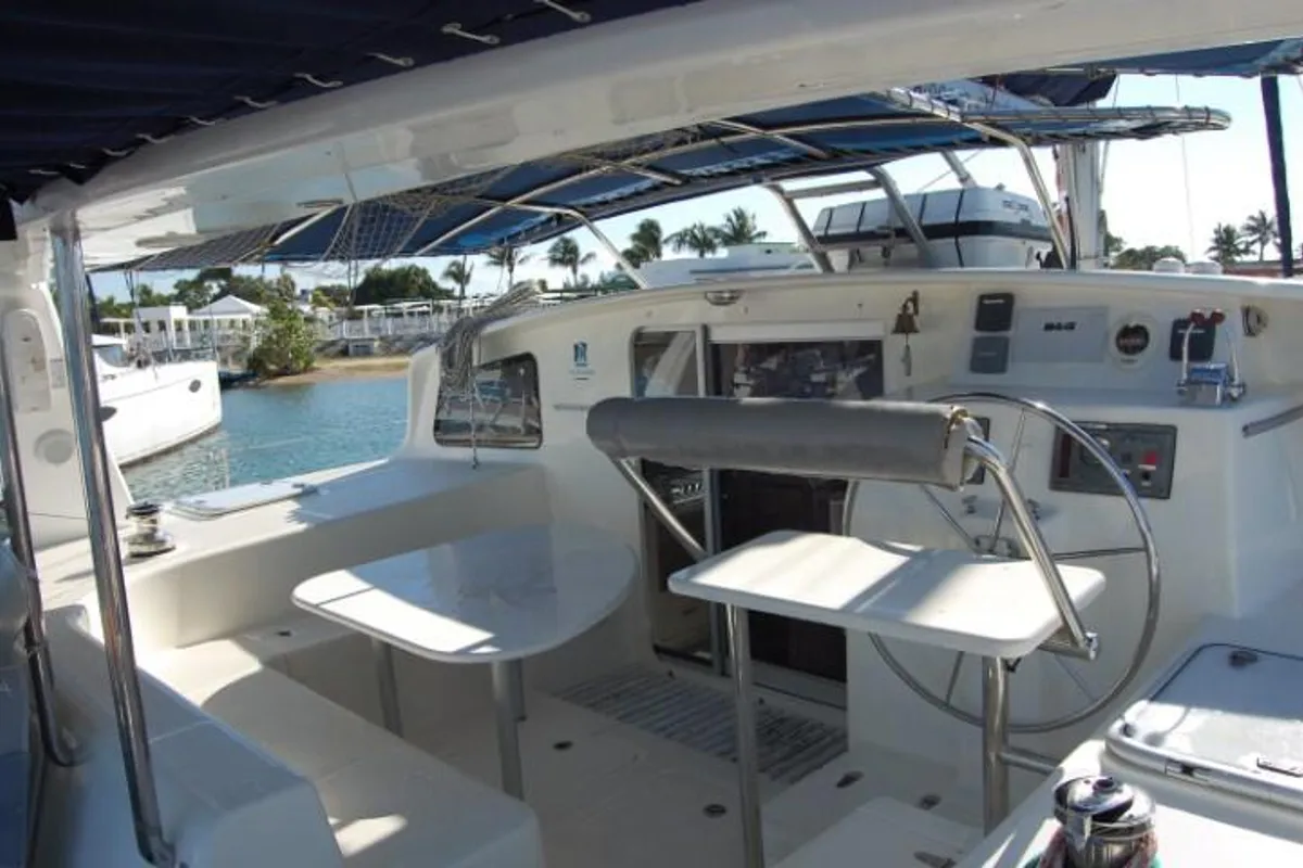 Deck of Alboran Mahanga (Radazul), a Voyage 440 catamaran at El Rosario, Spain