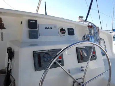 Cockpit of Alboran Mahanga (Radazul), a Voyage 440 catamaran at El Rosario, Spain